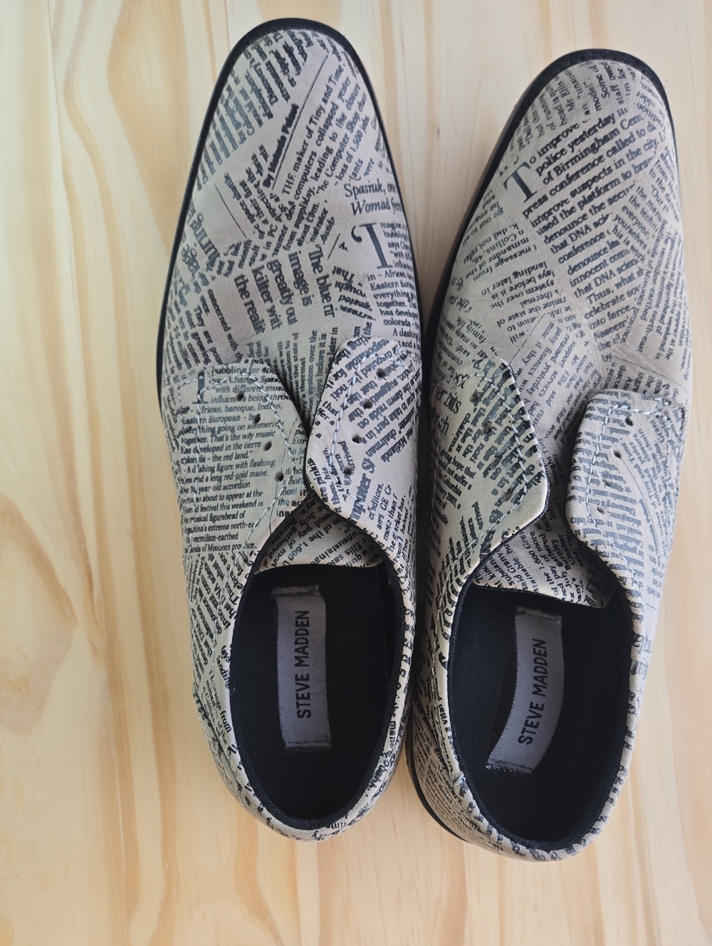 Steve Madden Beige and Black Newspaper-Print Slip-On Loafers